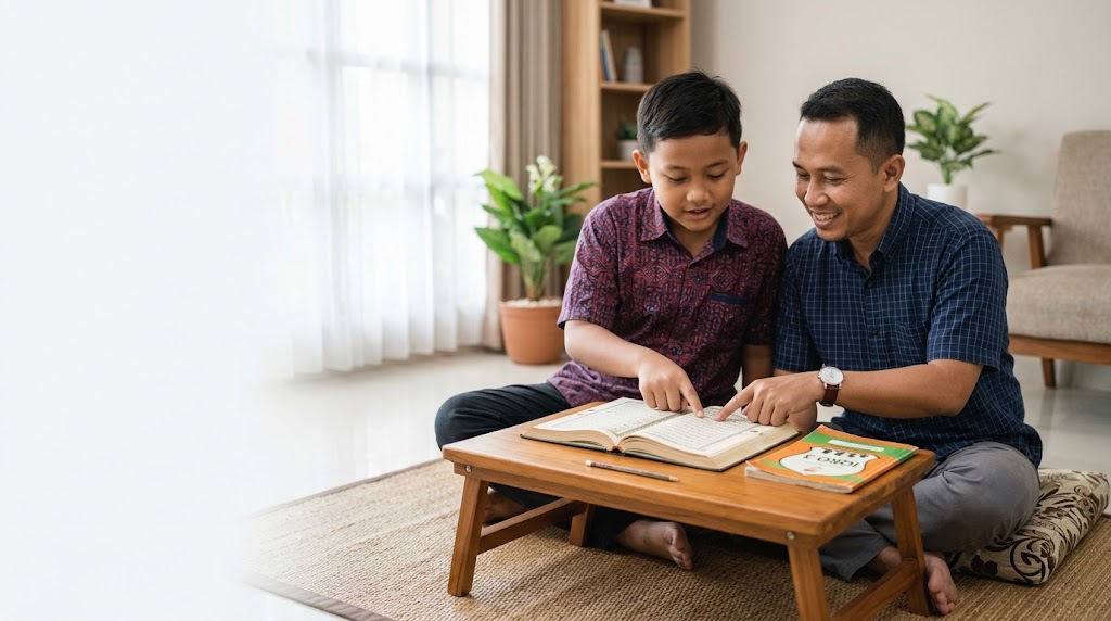 Guru mendampingi anak belajar membaca Al-Qur'an dalam private ngaji